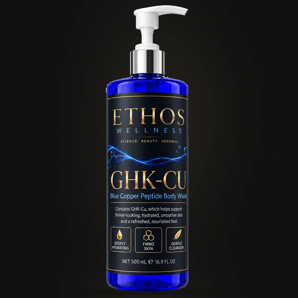 ETHOS WELLNESS GHK-Cu Body Wash in a blue pump bottle with a black and gold label