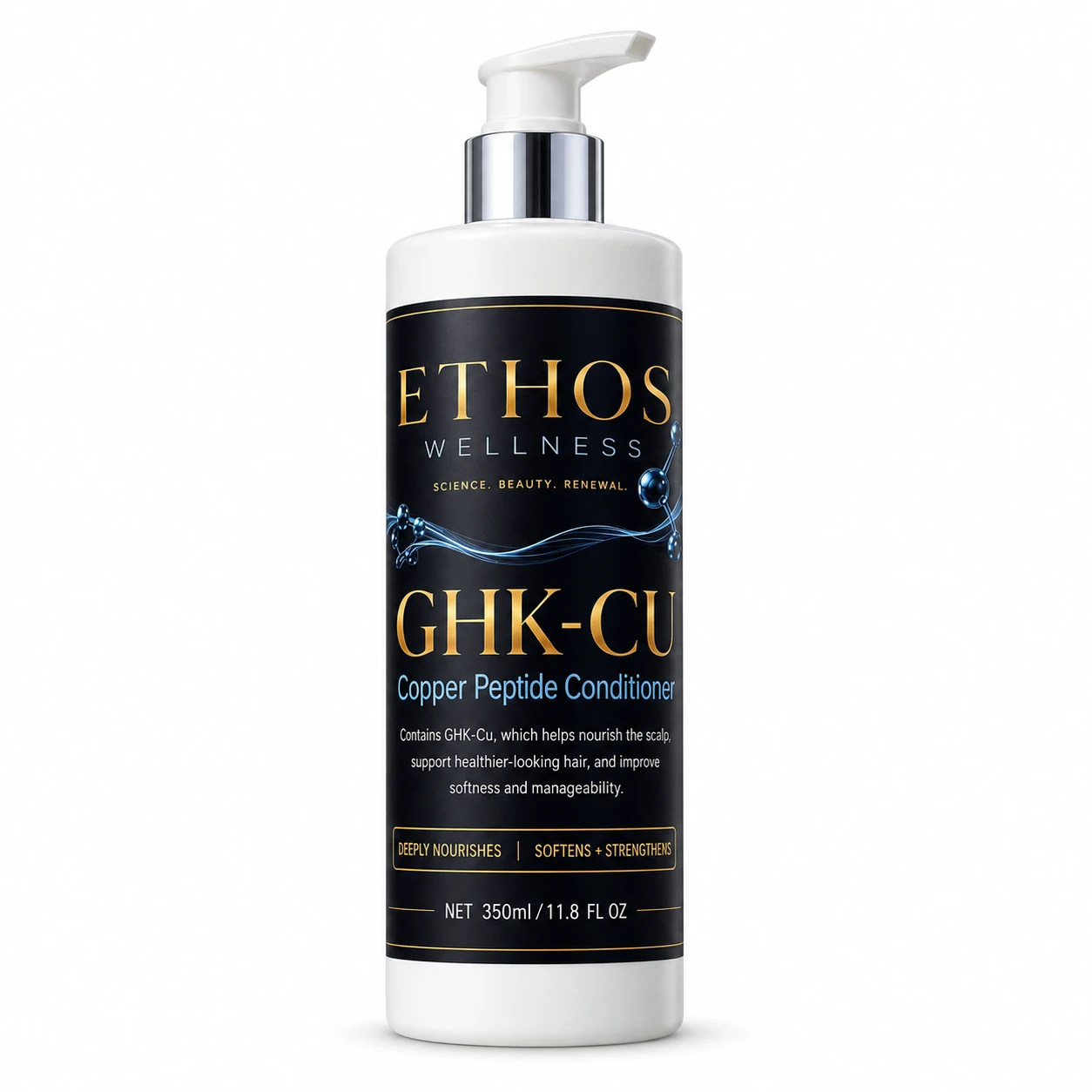 ETHOS WELLNESS GHK-Cu Copper Peptide Conditioner, 350 mL white pump bottle