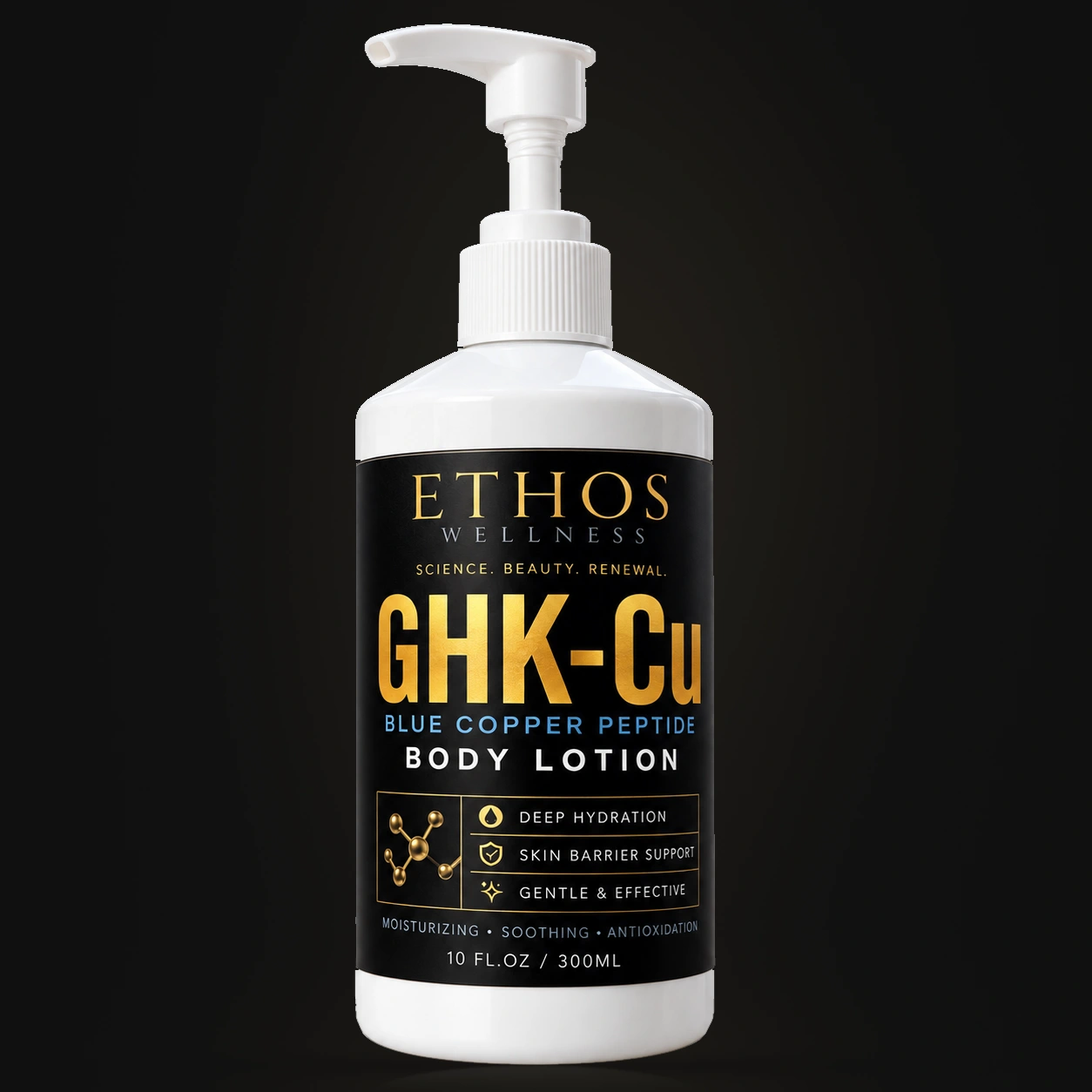 ETHOS WELLNESS GHK-Cu Body Lotion, white pump bottle with black and gold label