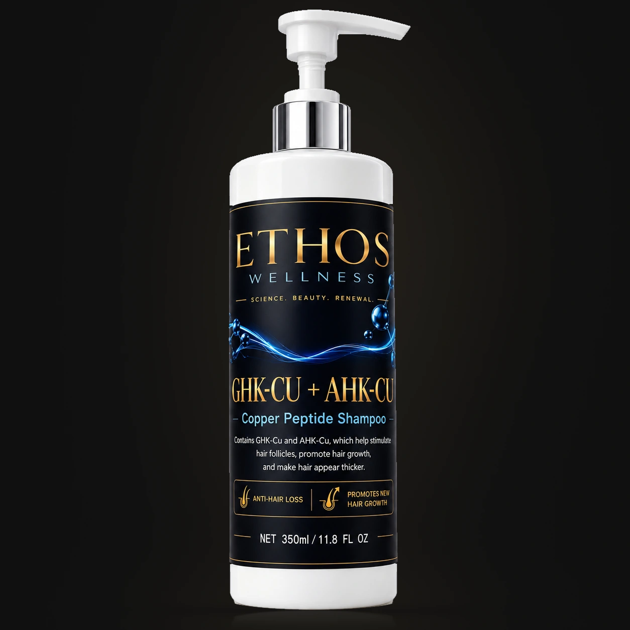 ETHOS WELLNESS GHK-Cu and AHK-Cu Copper Peptide Shampoo, 350 mL white pump bottle
